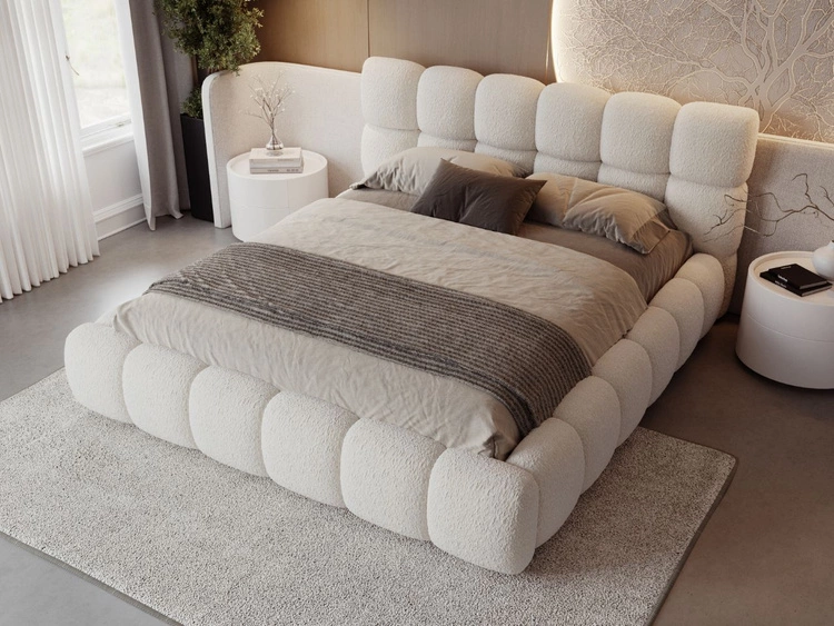 Łóżko tapicerowane z pojemnikiem na pościel i stelażem 200x200 Modo w tkaninie bouclé Beżowe