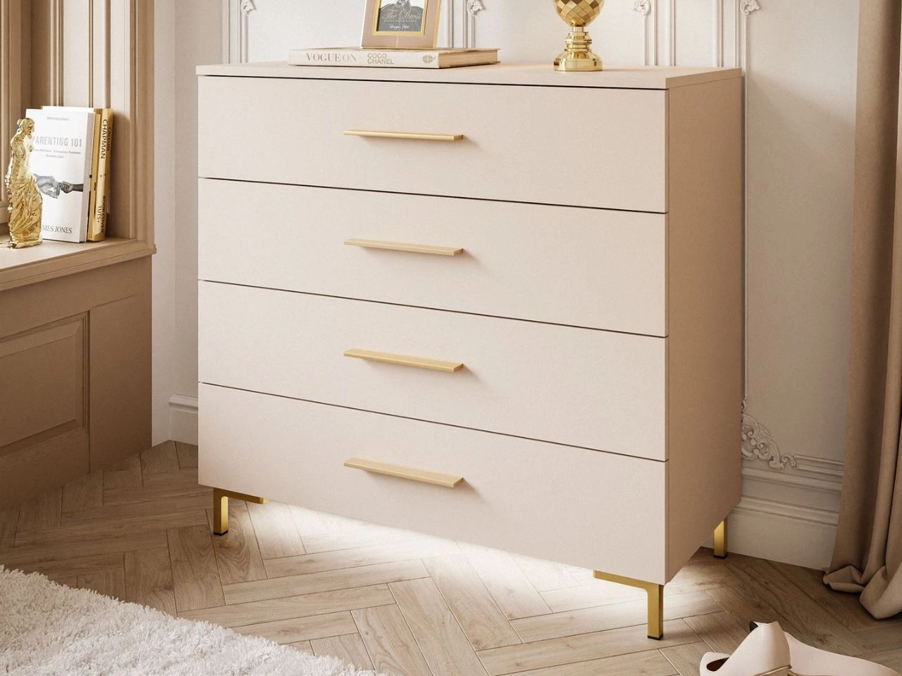 Komoda z szufladami i oświetleniem LED na złotych nogach Nuveo Kaszmir