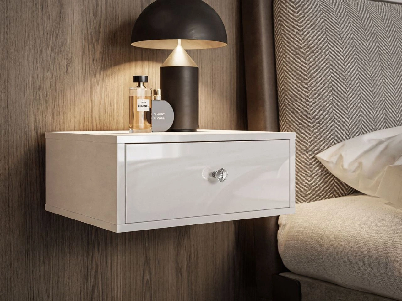 Stolik nocny glamour wiszący z szufladą i oświetleniem LED Brisa biały połysk