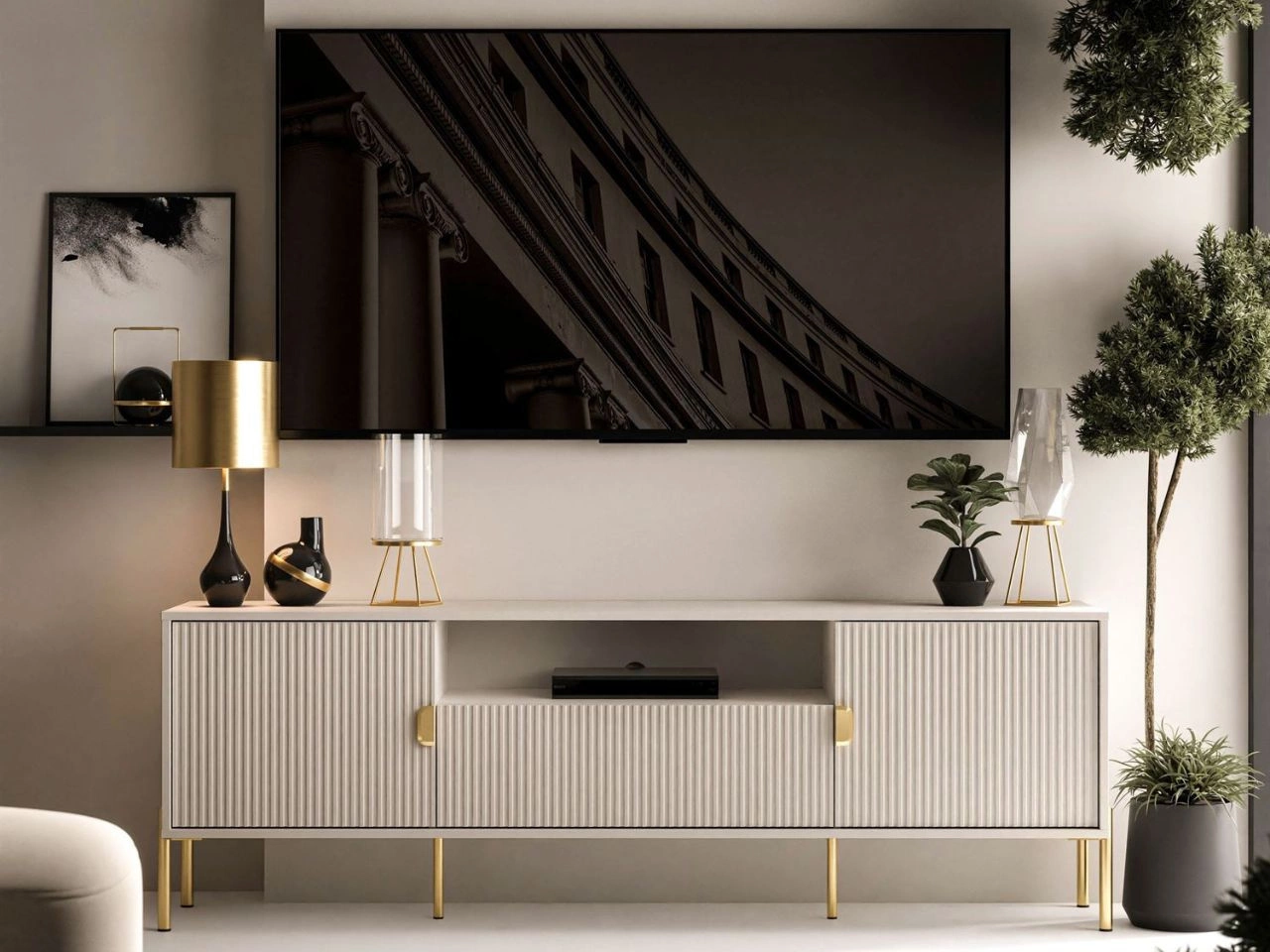 Szafka RTV szeroka dwudrzwiowa na złotych nogach z szufladą Orlean kaszmir mat