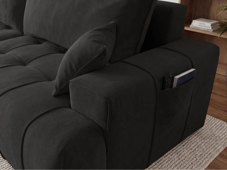 Narożnik L z funkcją spania i pojemnikiem Tulio lewy czarny