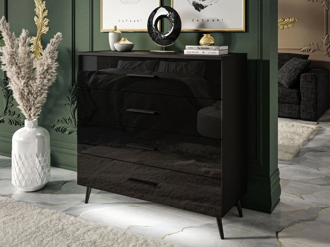 Komoda z czterema szufladami i oświetleniem LED na czarnych nóżkach Nuveo Czarny połysk