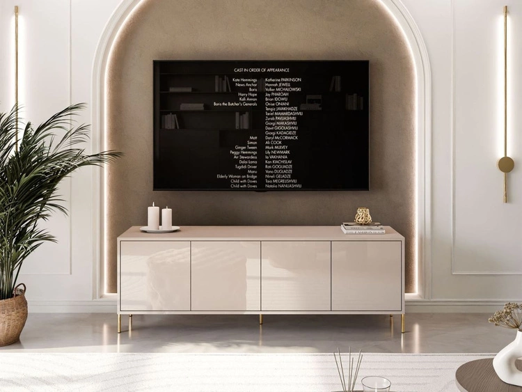 Szafka RTV glamour pod telewizor z drzwiczkami na złotych prostych nogach Vivance Kaszmir połysk