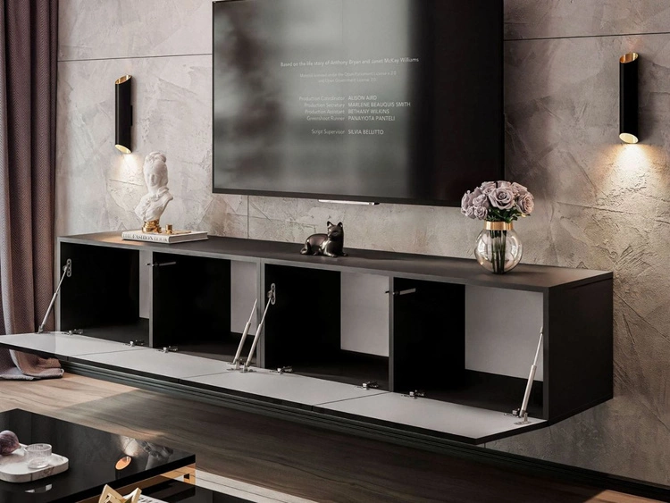 Wisząca szafka RTV pod telewizor z drzwiczkami 200 cm Nodoo Czarny połysk