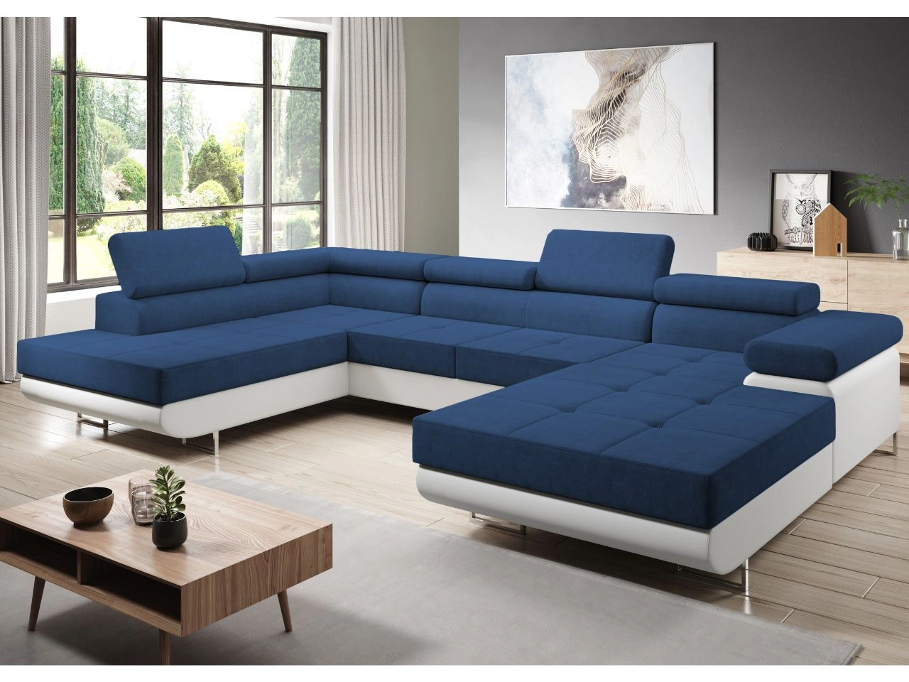 Narożnik U lewy z funkcją spania i pojemnikiem Solam U Granatowy, Biały