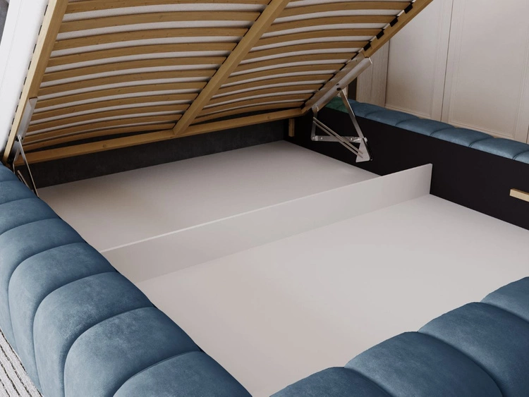 Łóżko tapicerowane z pojemnikiem na pościel i stelażem 120x200 Italia Niebieskie