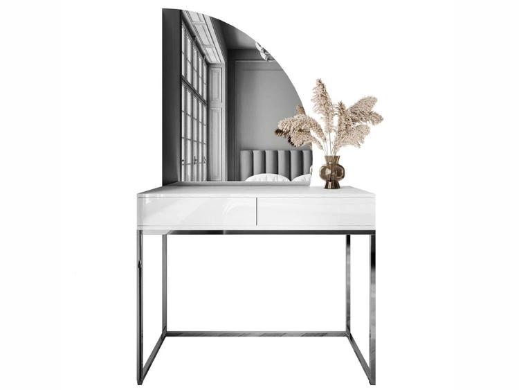 Toaletka kosmetyczna prawostronna z szufladami i oświetleniem LED na srebrnych nogach Clarette Biały połysk