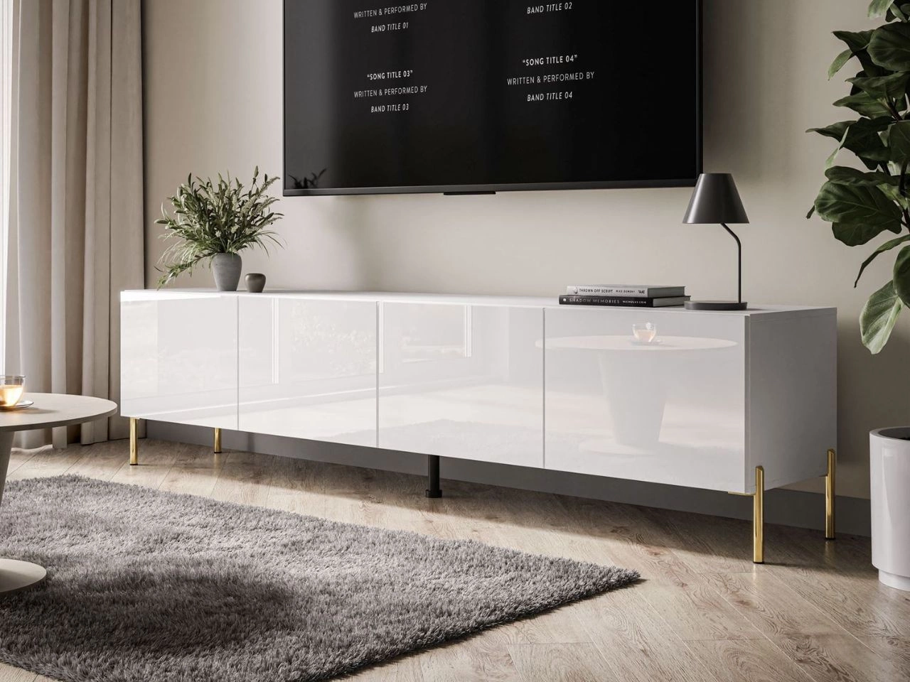 Szafka RTV pod telewizor z drzwiczkami na złotych nóżkach 200 cm Nodoo Biały połysk