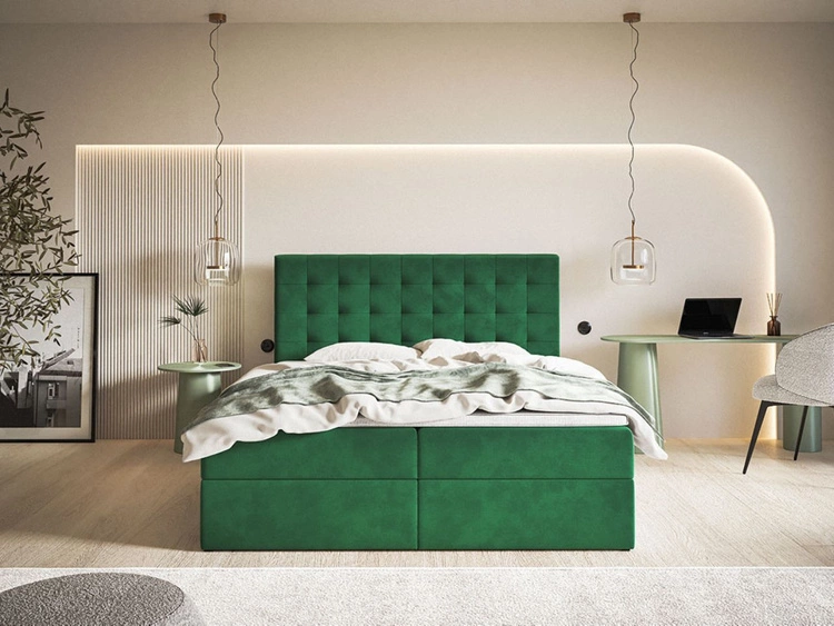 Łóżko kontynentalne z pojemnikiem na pościel 160x200 Denza Zielone