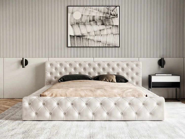 Łóżko tapicerowane z pojemnikiem i stelażem 180x200 cm Palini Beżowe