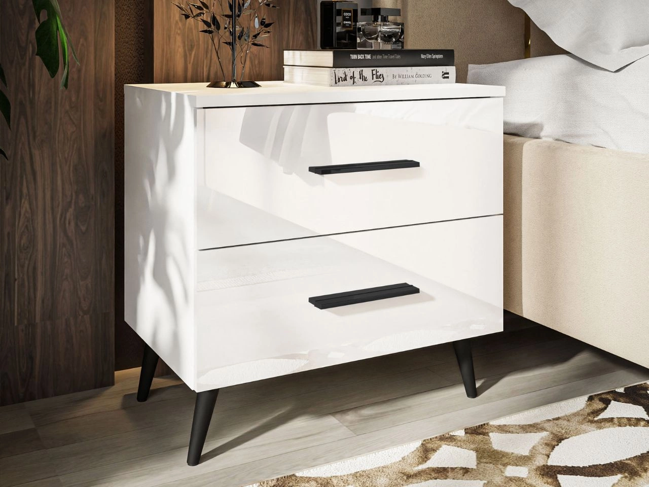 Stolik nocny z szufladami na czarnych nogach Nuveo Biały połysk
