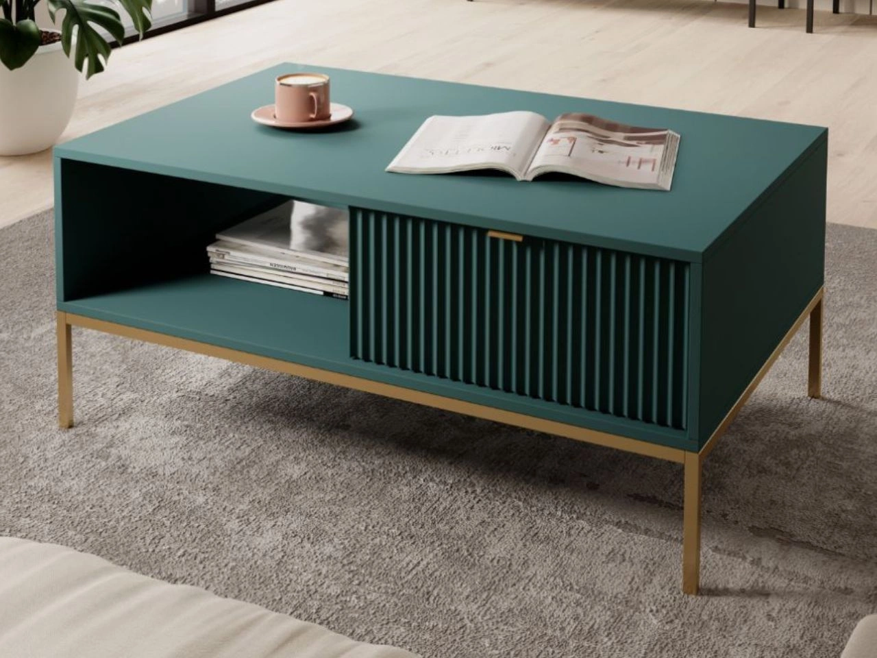 Stolik kawowy z szufladą Amber zielony na złotych nogach