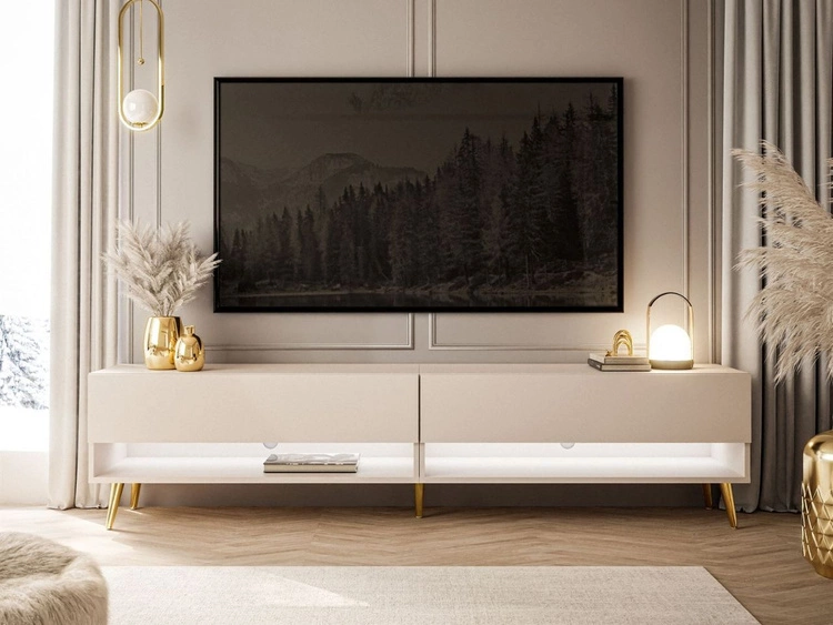 Szafka RTV do salonu 180 cm ze złotymi nóżkami i oświetleniem LED Aurelie Kaszmir mat