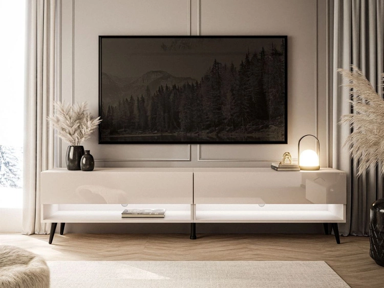 Szafka RTV do salonu 180 cm z czarnymi nóżkami i oświetleniem LED Aurelie Kaszmir połysk