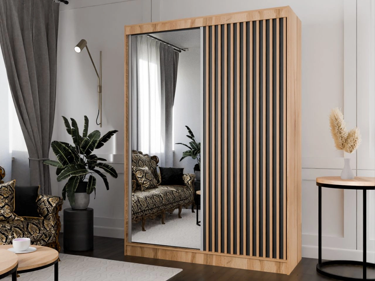 Szafa przesuwna z lustrem i lamelami 150 cm Loreto Dąb Craft Złoty, Czarna