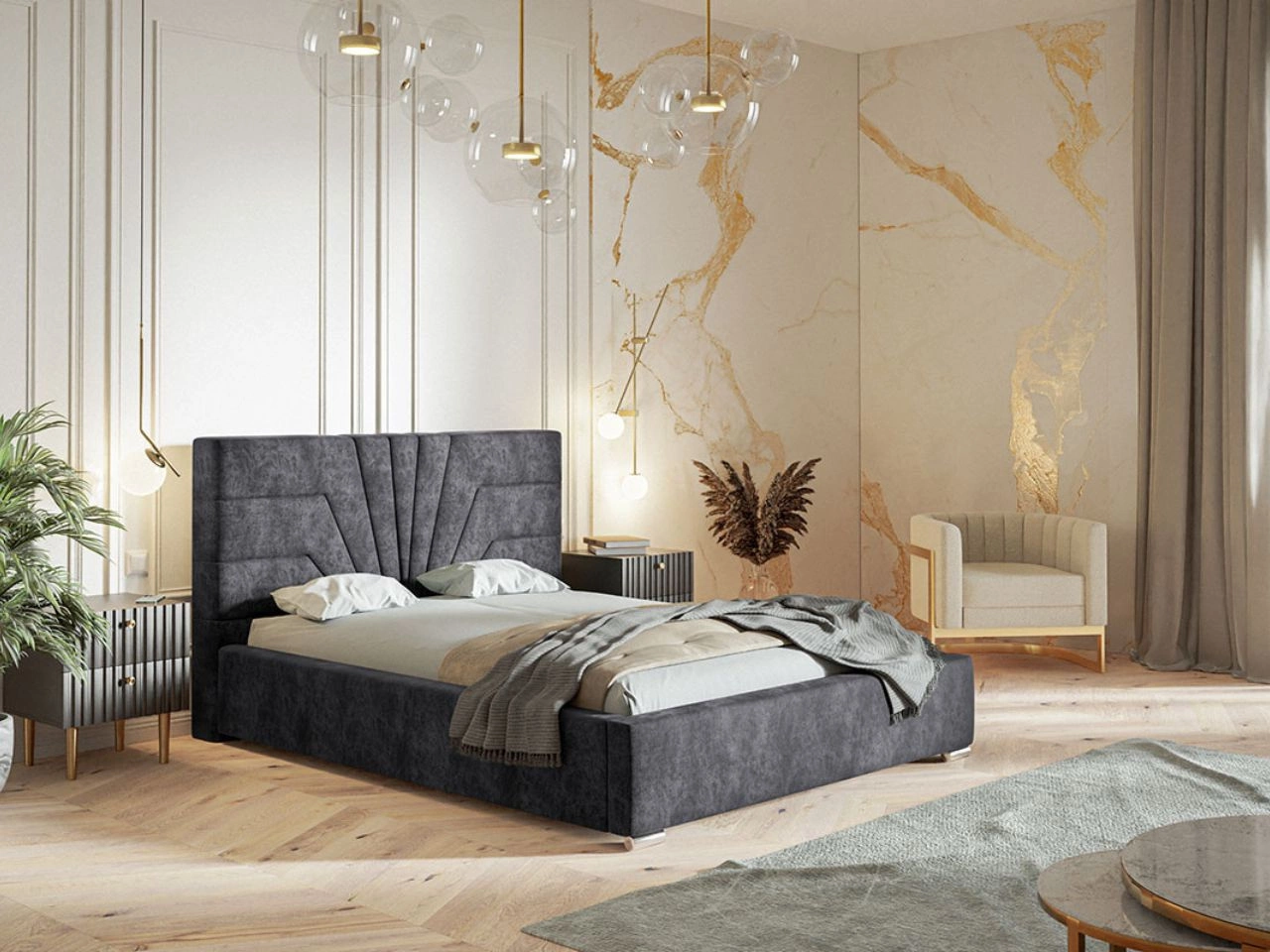 Łóżko tapicerowane z pojemnikiem i stelażem 120x200 Tesis Ciemnoszare