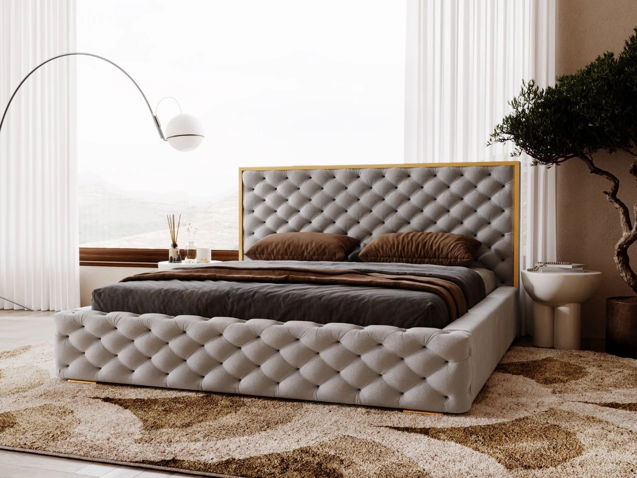 Łóżko tapicerowane z pojemnikiem i stelażem 200x200 Wave Szary