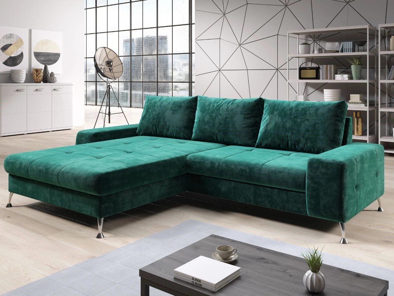 Narożnik L Lewy z funkcją spania i pojemnikiem Tonny Zielony