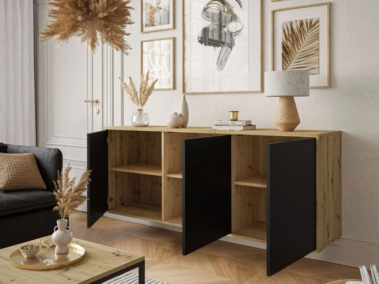 Trzydrzwiowa komoda 154 cm w stylu loft na czarnych nogach Vivance czarny mat i dąb artisan