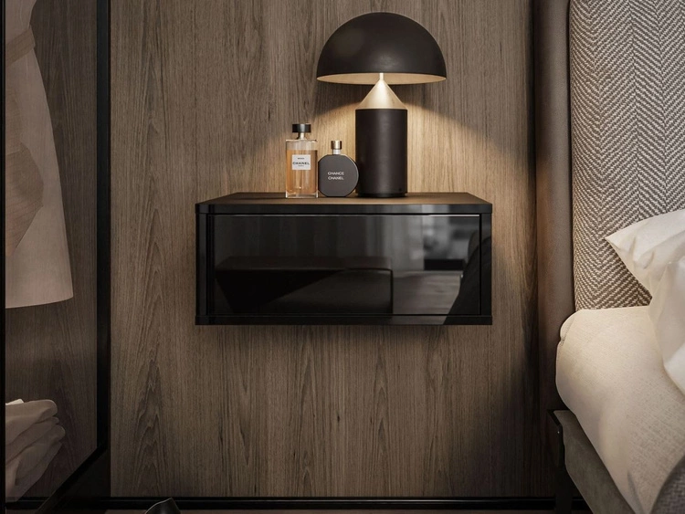 Stolik nocny wiszący z szufladą i oświetleniem LED Brisa czarny połysk