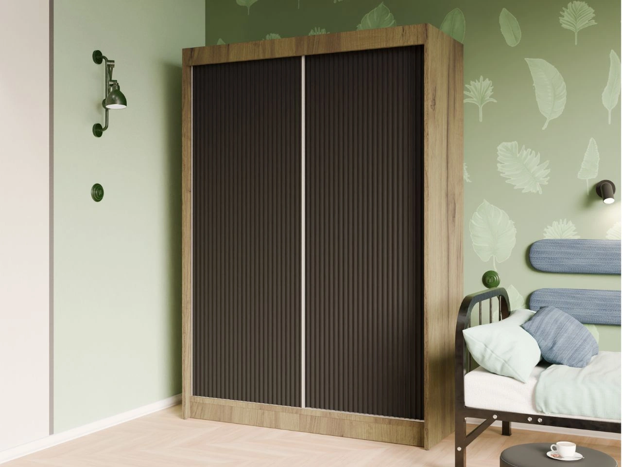 Szafa przesuwna z ryflowanym frontem 150 cm Fano Dąb Craft Złoty, Czarna