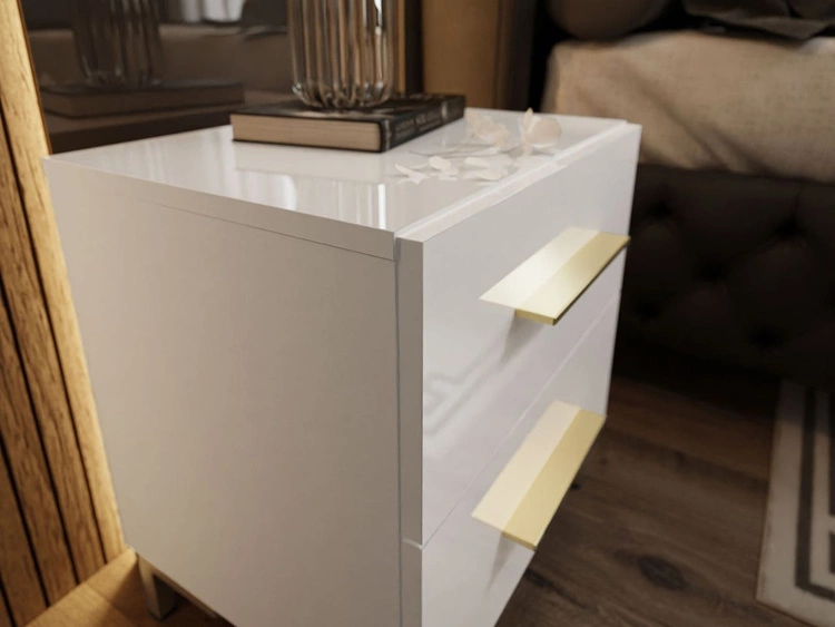 Stolik nocny z dwoma szufladami na złotych nogach Nuveo Lux Biały Połysk