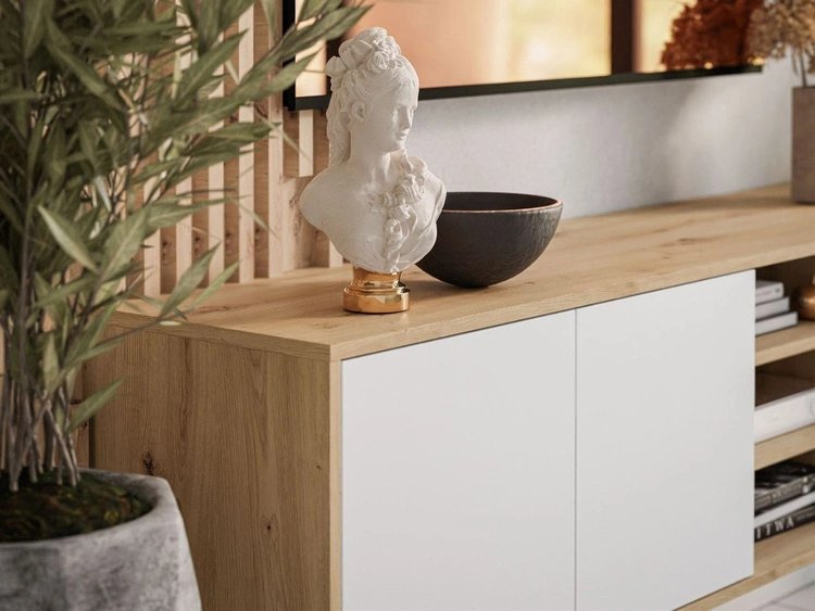 Szafka RTV pod telewizor z drzwiczkami i czarnym stelażem Vivance Biały i dąb artisan