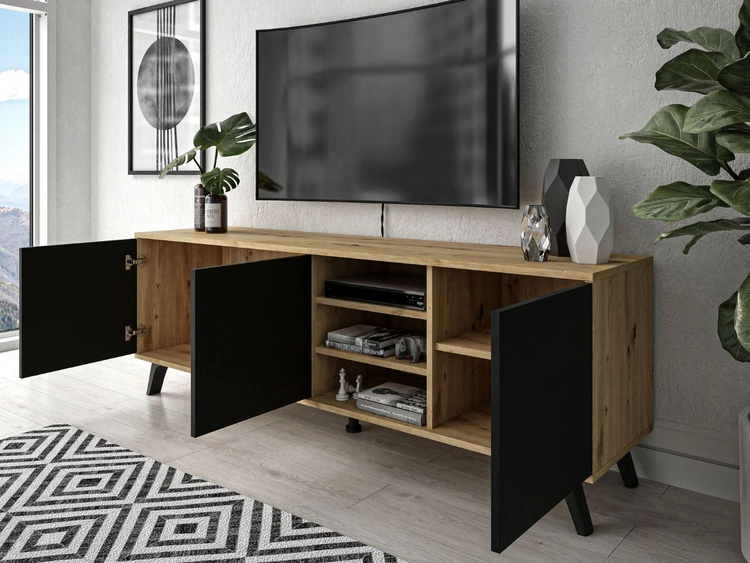 Szafka RTV pod telewizor z drzwiczkami i czarnymi nogami Vivance Czarny i dąb artizan