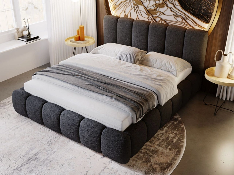 Łóżko tapicerowane bez pojemnika ze stelażem 180x200 Cloud w tkaninie bouclé Czarne