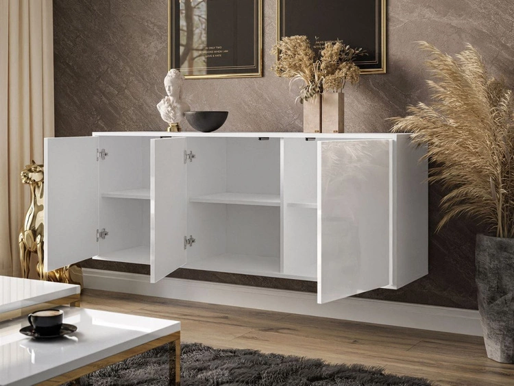 Trzydrzwiowa komoda 154 cm w stylu glamour na czarnym stelażu Vivance biały połysk