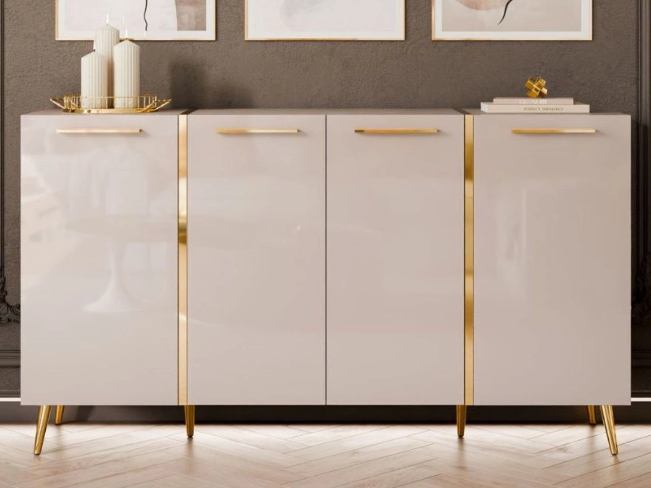Czterodrzwiowa komoda 158 cm w stylu glamour ze złotymi uchwytami i nogami Lunelie kaszmir połysk