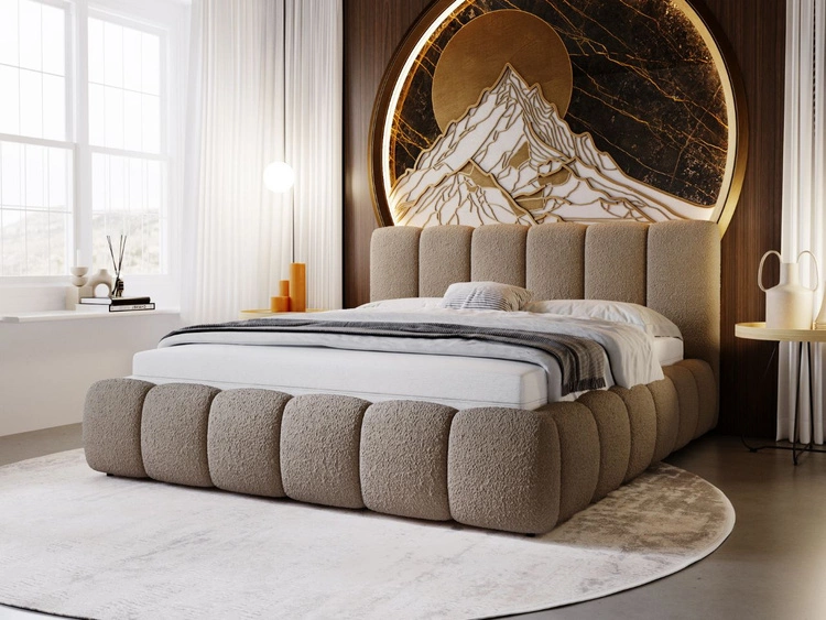 Łóżko tapicerowane bez pojemnika ze stelażem 160x200 Cloud w tkaninie bouclé Brązowe