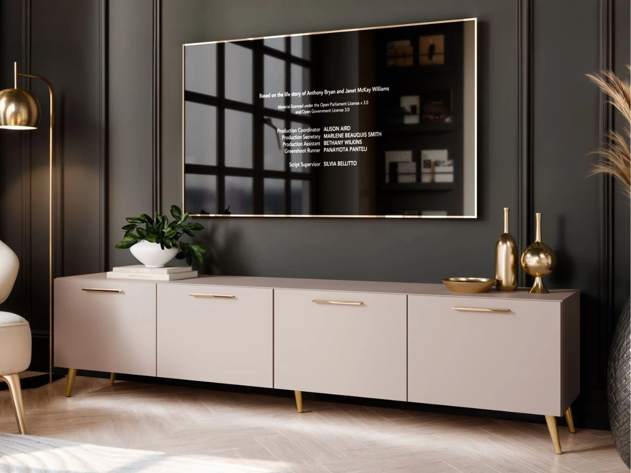 Szafka RTV pod telewizor z drzwiczkami i oświetleniem LED na złotych nóżkach 200 cm Noaé Kaszmir