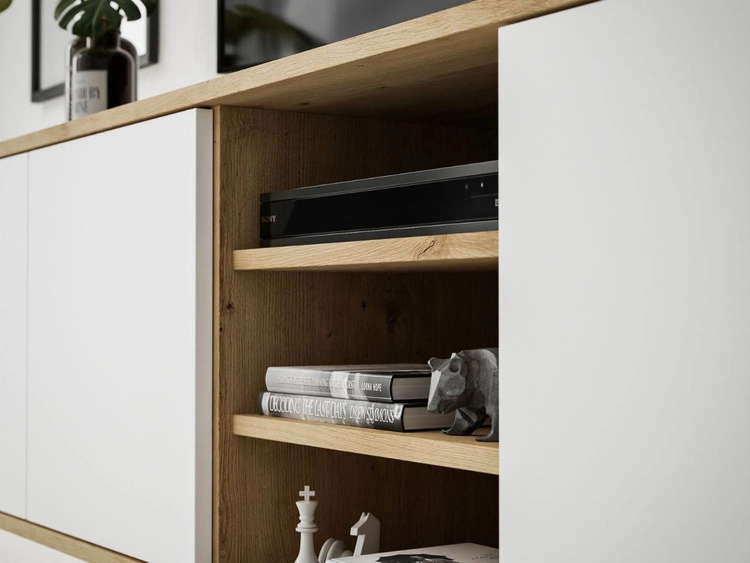 Szafka RTV pod telewizor z drzwiczkami i białymi nogami Vivance Biały i dąb artizan