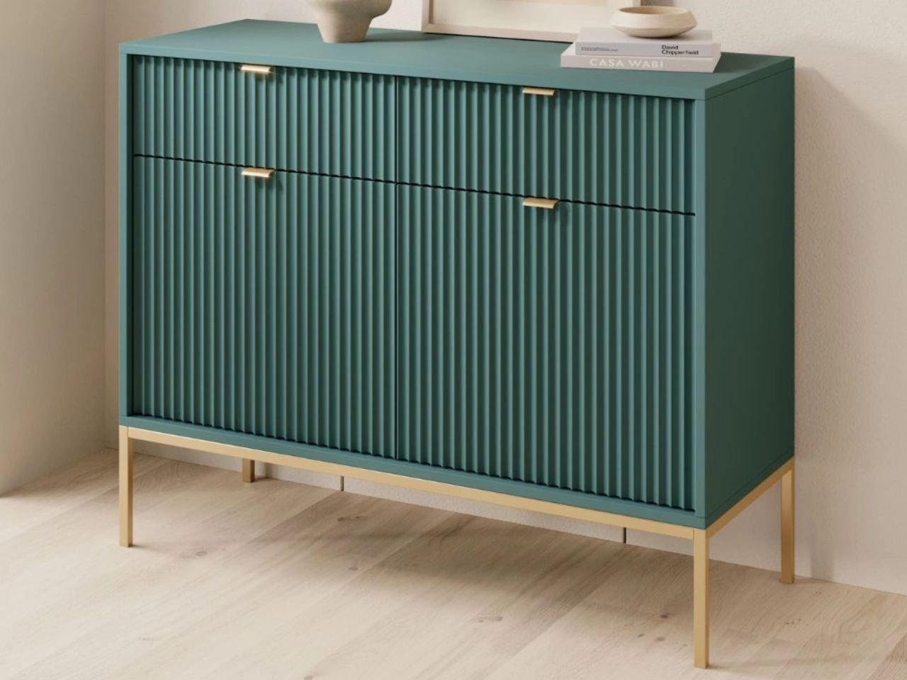 Komoda z drzwiami i szufladami Amber zielona na złotych nogach