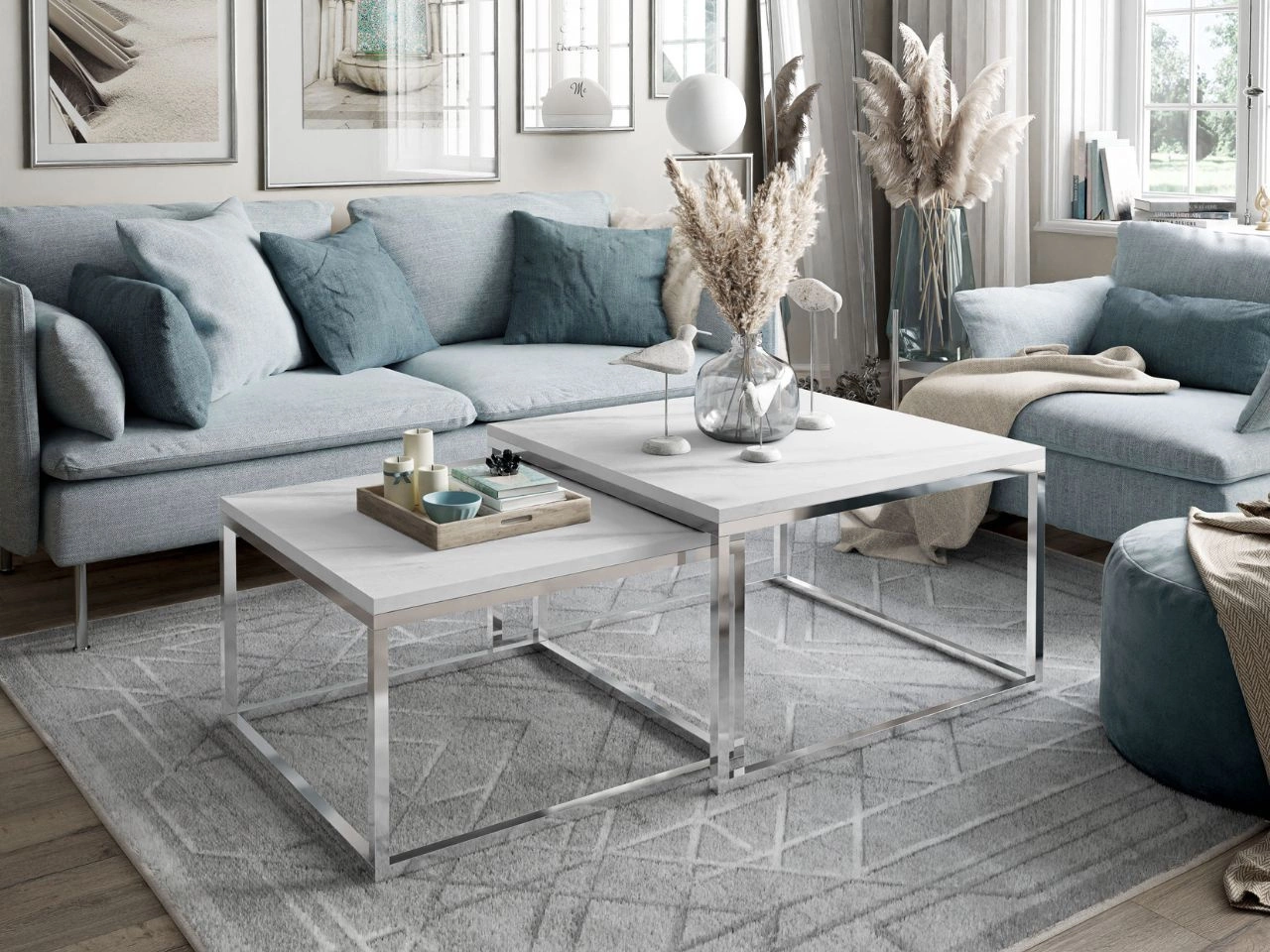 Stolik kawowy na chromowanym stelażu z imitacją białego marmuru Asumi 36x42