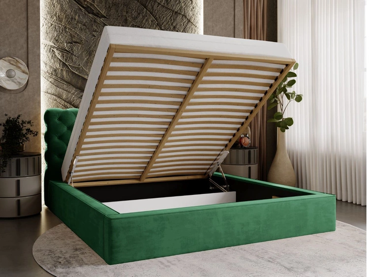 Łóżko tapicerowane z pojemnikiem i stelażem 200x200 Apollo Zielone