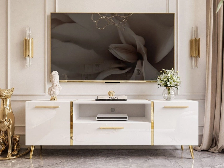 Zestaw mebli do salonu na złotych metalowych nóżkach i ze złotymi uchwytami Lunelie Biały połysk