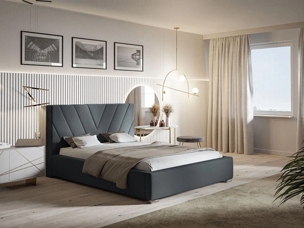 Łóżko tapicerowane z pojemnikiem i stelażem 180x200 Tivoli Ciemnoszare