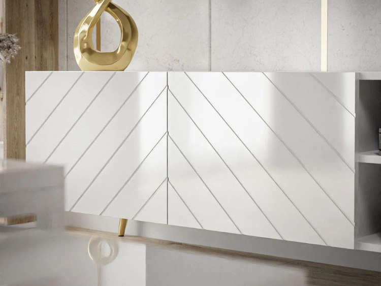 Szafka RTV z frezowanymi frontami i metalowymi czarnymi nóżkami Vionel biały połysk