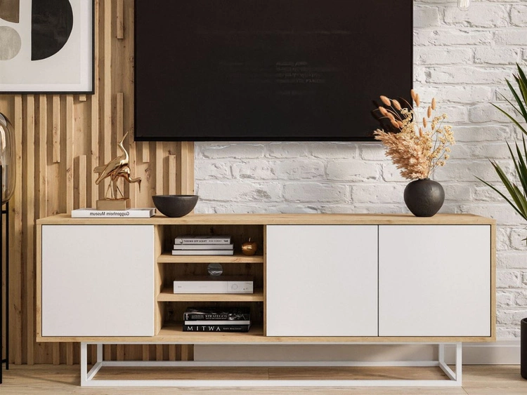 Szafka RTV pod telewizor z drzwiczkami i białym stelażem Vivance Biały i dąb artisan