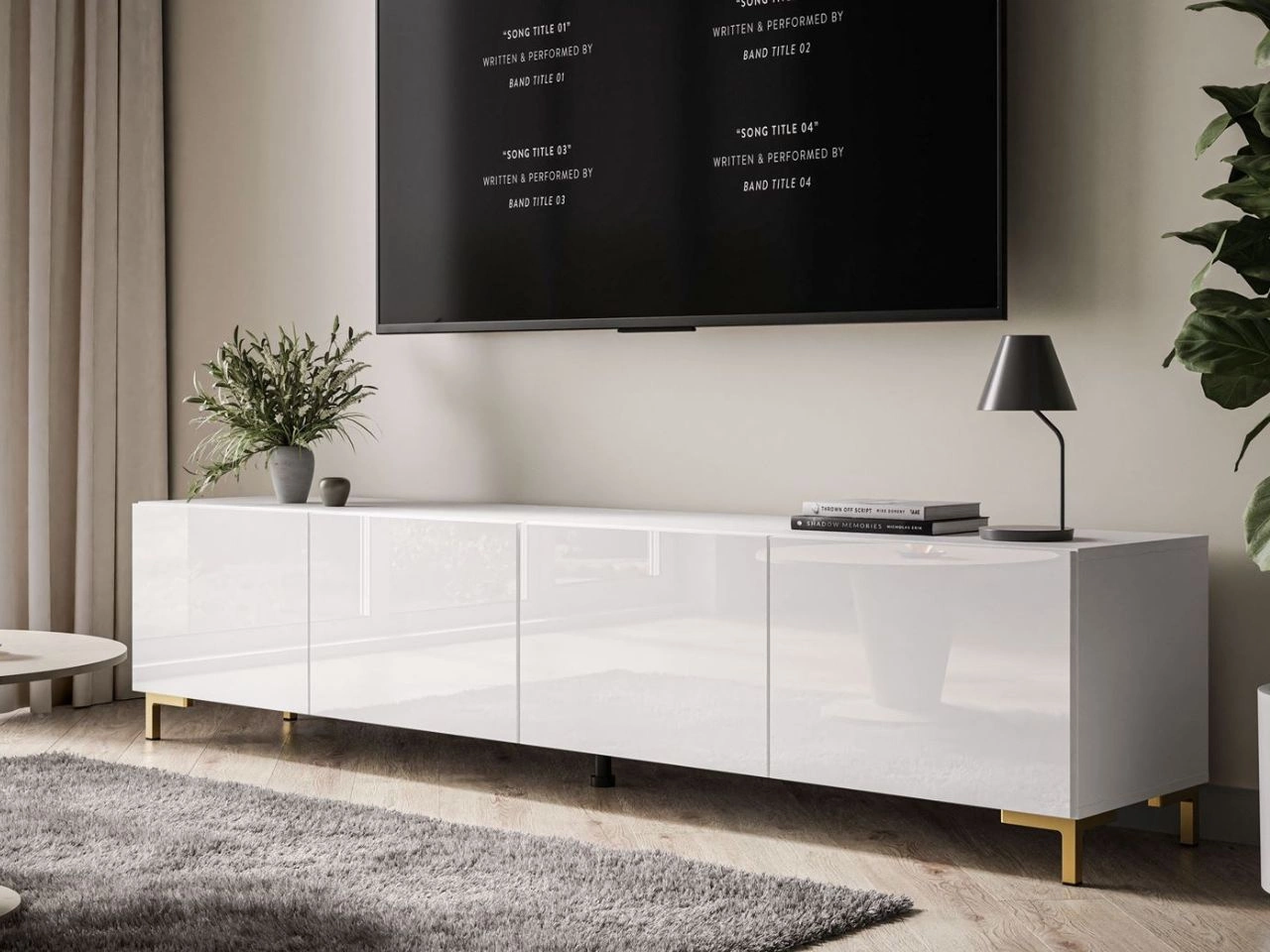 Szafka RTV pod telewizor z drzwiczkami na złotych nóżkach 200 cm Nodoo Biały połysk