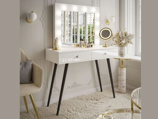 Toaletka glamour z szufladami, czarnymi nogami i oświetleniem LED Olivine biały połysk