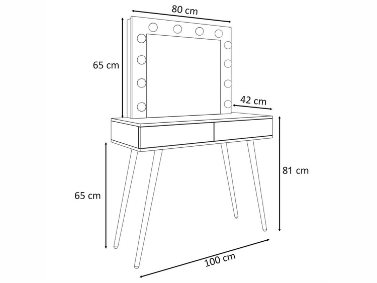 Toaletka glamour z szufladami, czarnymi nogami i oświetleniem LED Olivine biały połysk