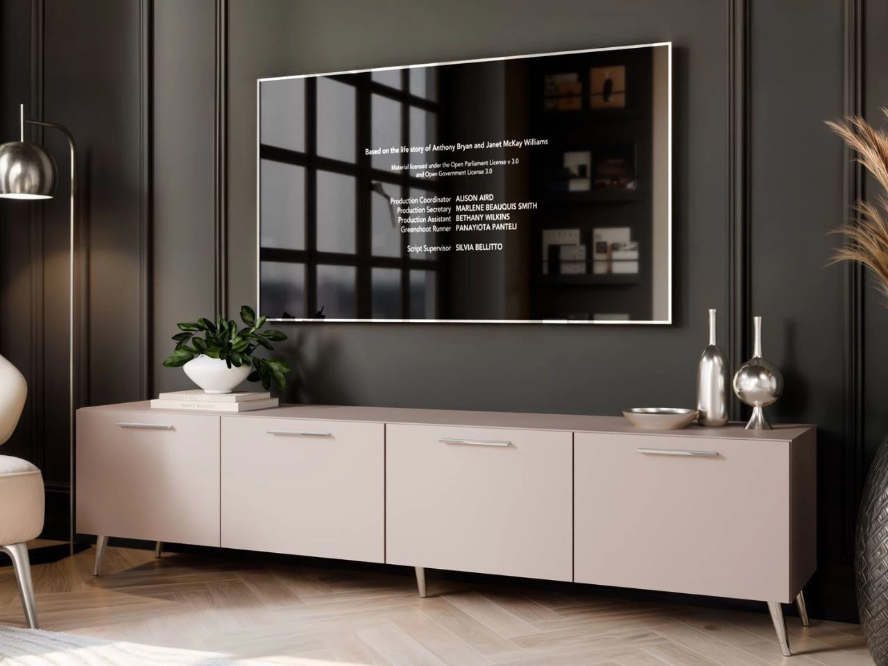 Szafka RTV pod telewizor z drzwiczkami na srebrnych nóżkach 200 cm Noaé Kaszmir