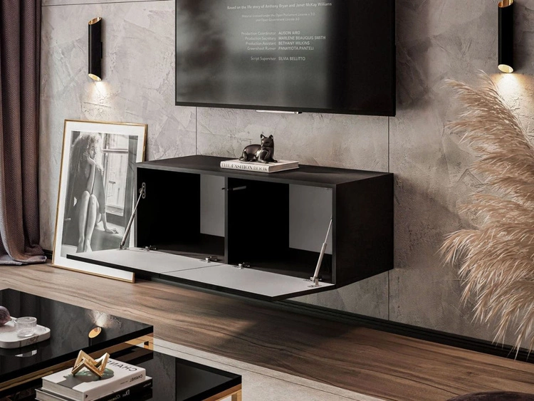 Wisząca szafka RTV pod telewizor z drzwiczkami 100 cm Nodoo Czarny połysk