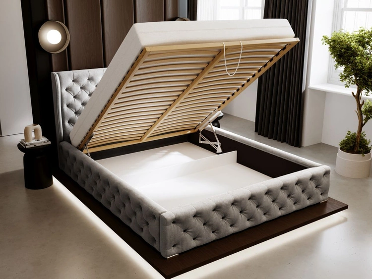 Łóżko tapicerowane z pojemnikiem na pościel i stelażem 140x200 Kingston Jasnoszare