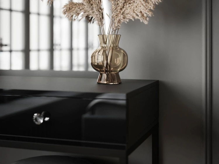 Toaletka kosmetyczna prawostronna z szufladami i oświetleniem LED na czarnych nogach Clarette Czarny połysk