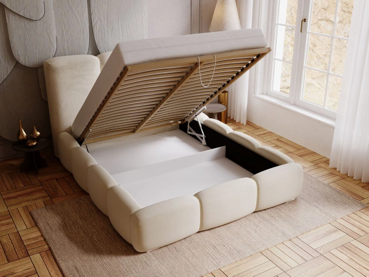 Łóżko tapicerowane z pojemnikiem i stelażem 160x200 cm Bubble Beżowe