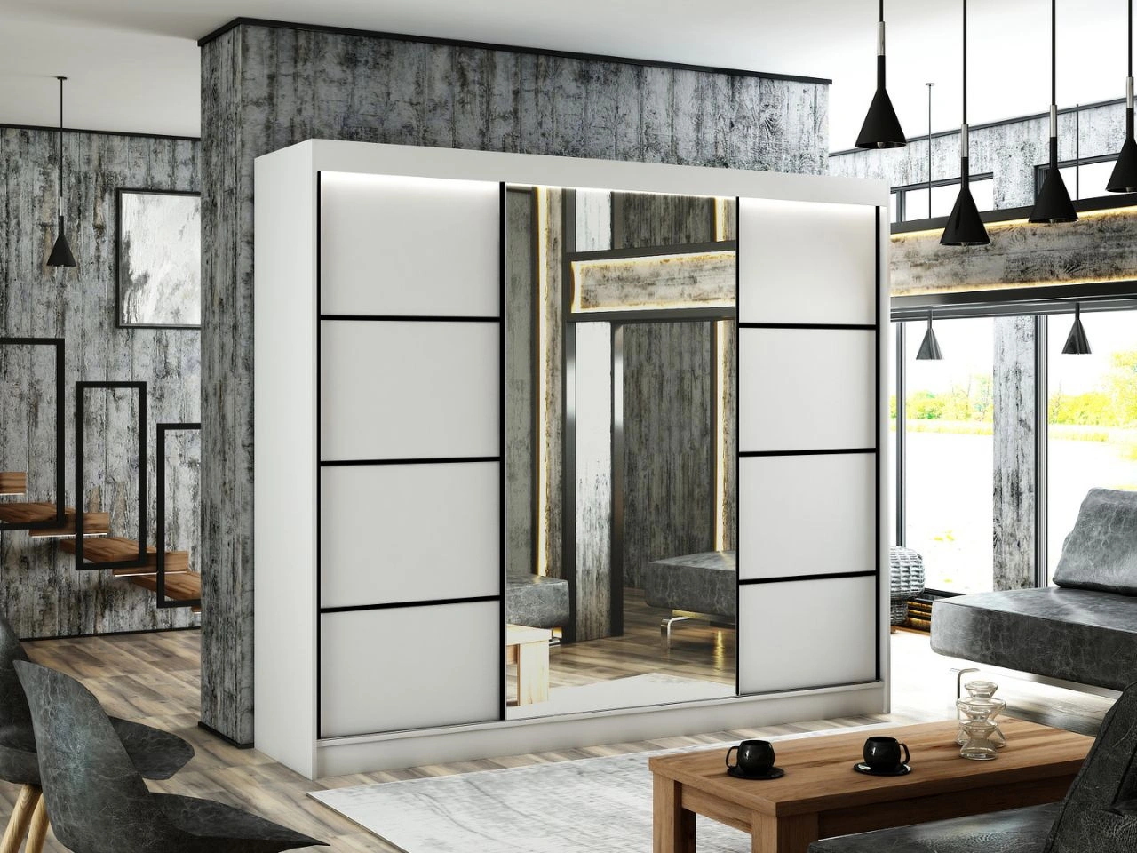 Szafa przesuwna z lustrem 250 cm z oświetleniem LED Portel Biała